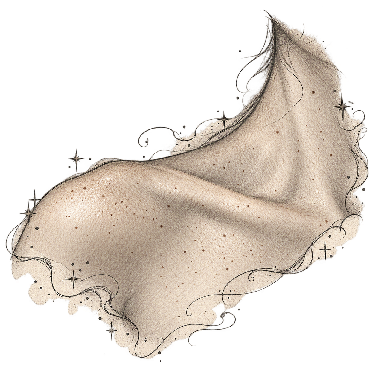 Pencil study of a collarbone and shoulder with stippled skin texture, framed by clouds