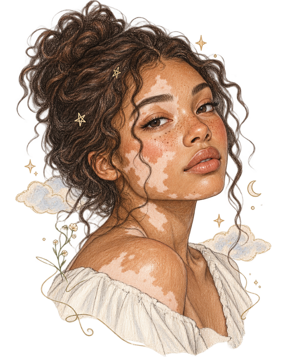 Pencil portrait of a woman with vitiligo, star clips in her curls, and wildflowers