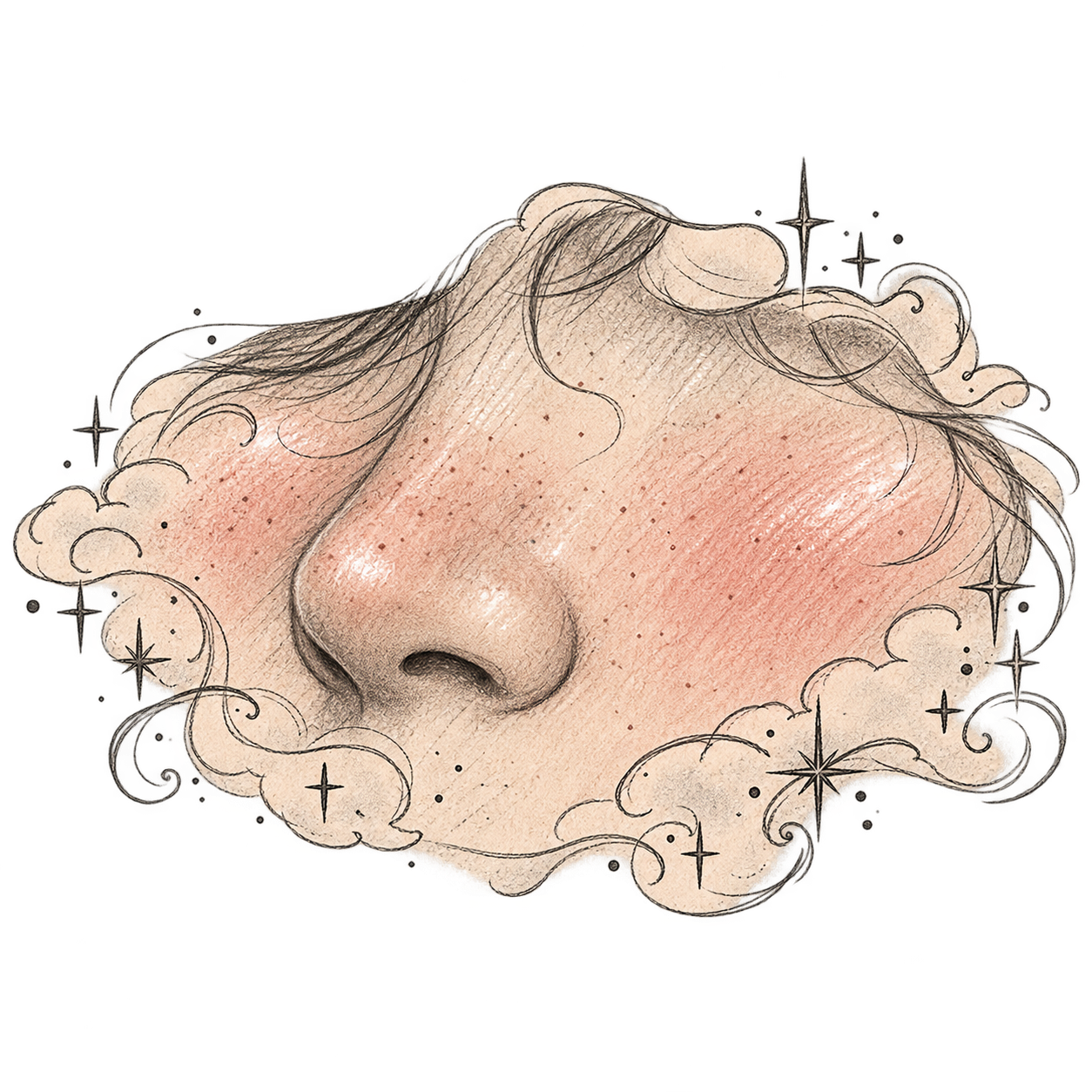 Pencil study of a freckled nose framed by soft clouds