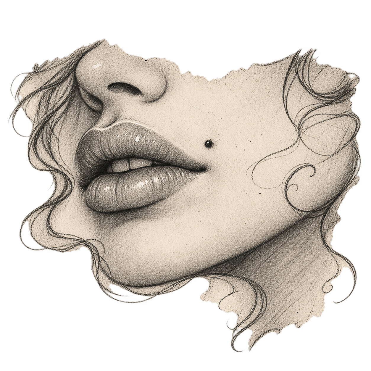 Pencil study of lips and a cheek with a beauty mark, framed by clouds and tendrils