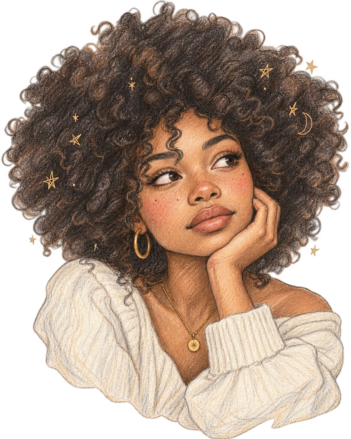 Pencil portrait of a woman with dark coils, crescent moon and star motifs