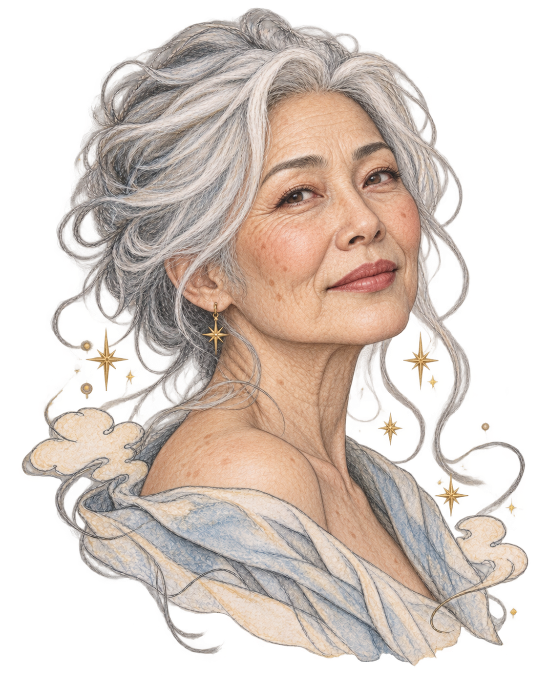 Pencil portrait of an older woman with silver hair and star earrings