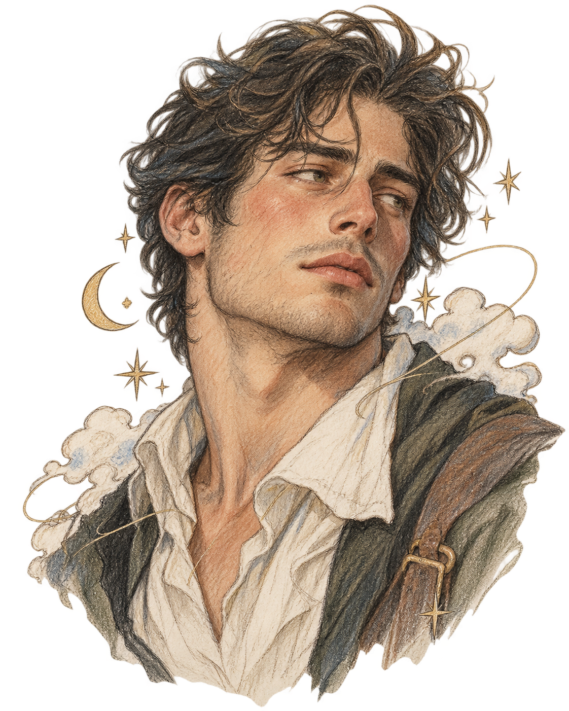 Pencil portrait of a young man beside a crescent moon and stars