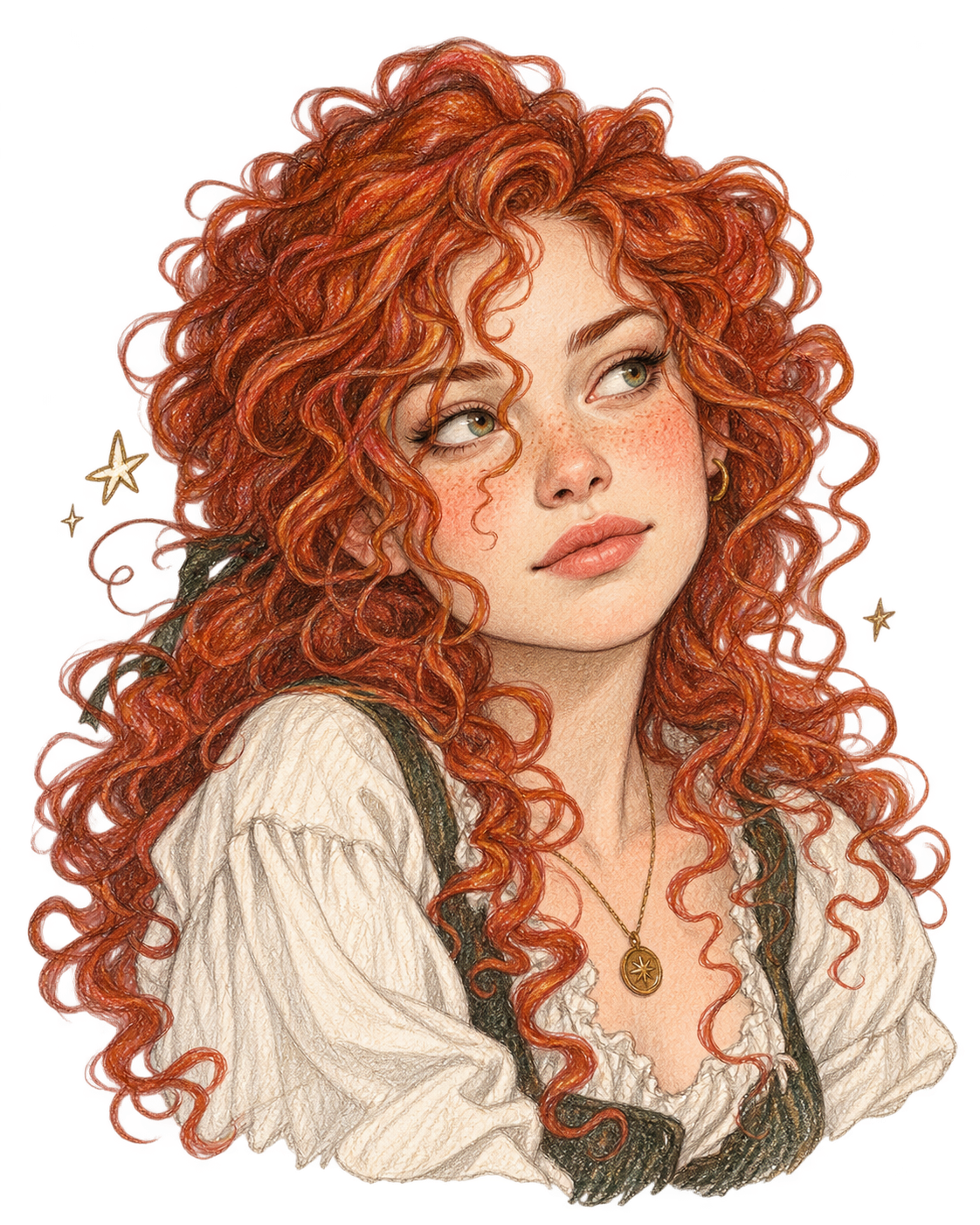 Pencil portrait of a woman with a cloud of red curls