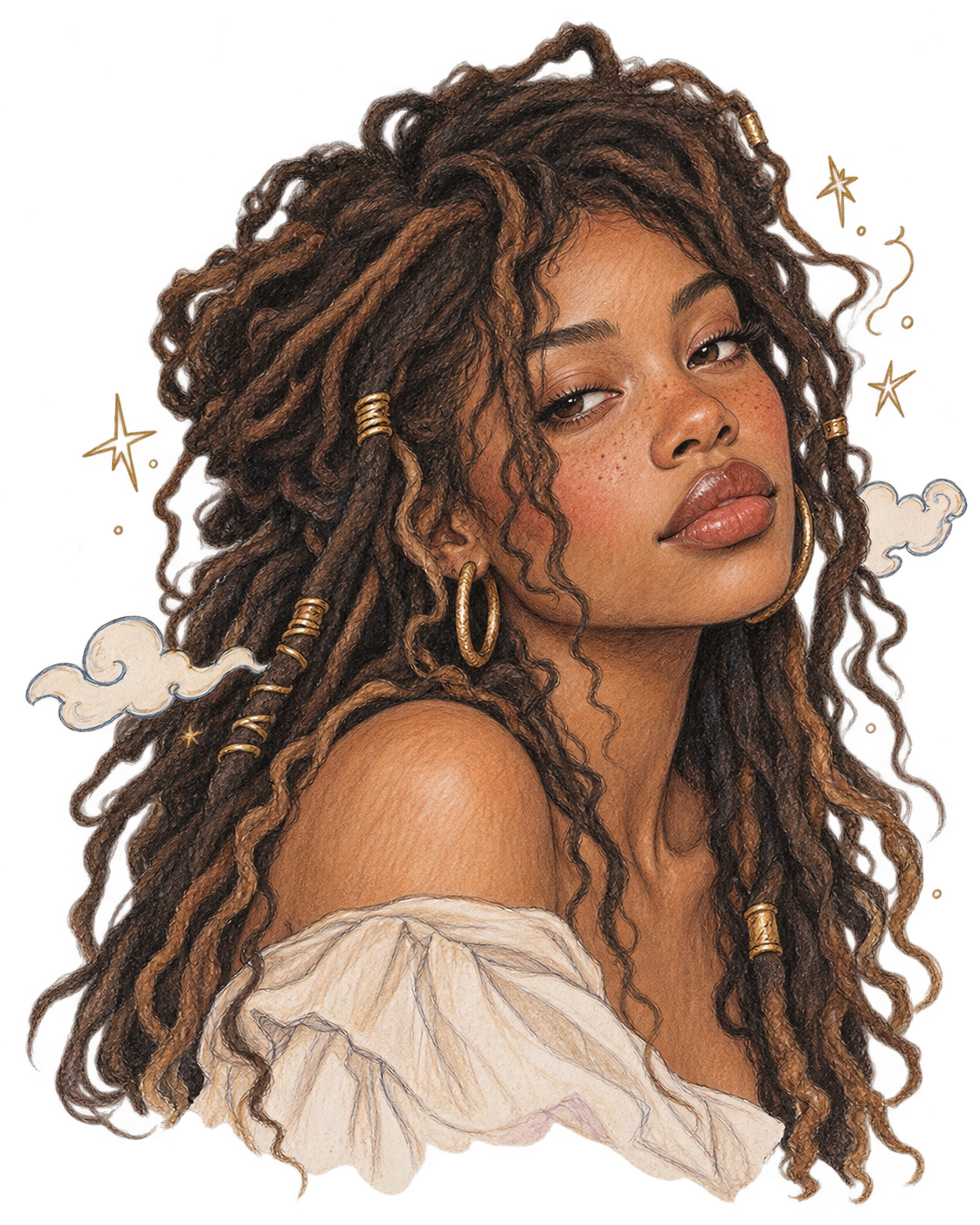 Pencil portrait of a woman with locs, gold cuffs, and drifting clouds