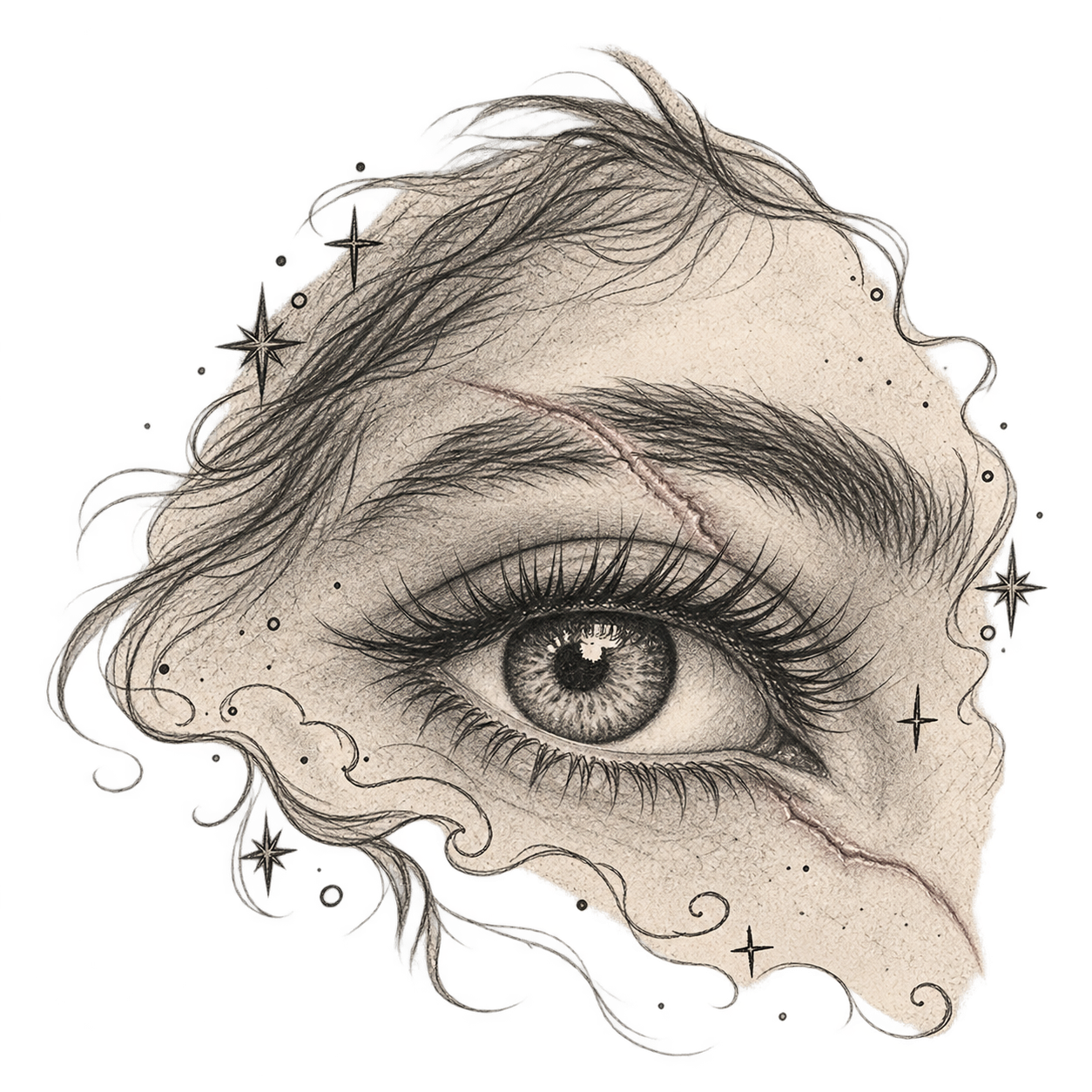 Pencil study of an eye with a scar through the eyebrow, framed by clouds and stars
